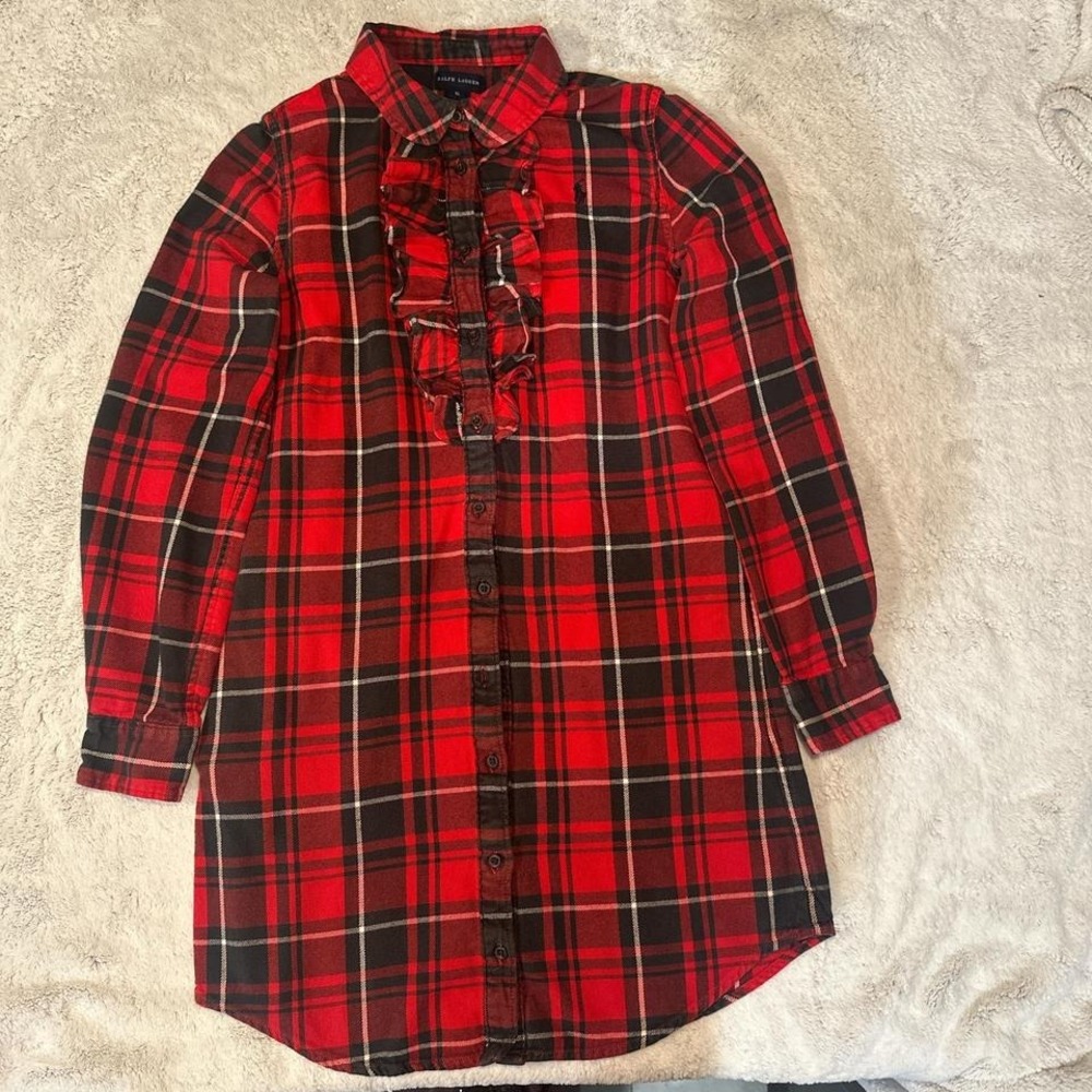 Ralph Lauren Red tartan plaid button up girls dress 16/ women's top S / XS - Picture 2 of 8